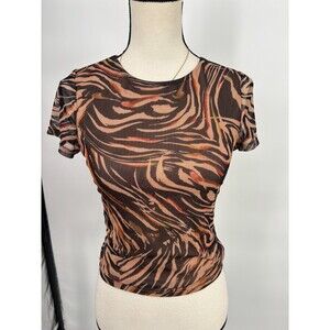 Tiger Mist Mesh Crop Top Blouse Brown Orange Black Zebra Animal Print Sheer Sz M
